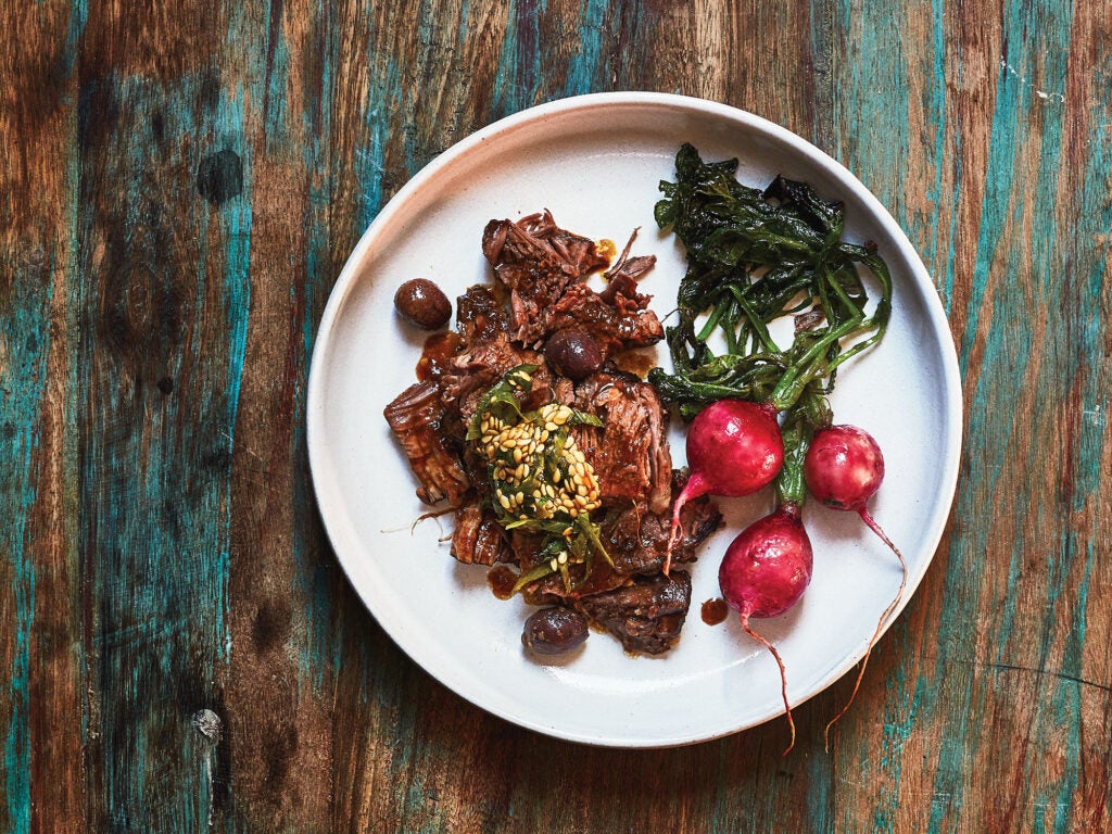braised beef shank with radishes and flaxseed relish