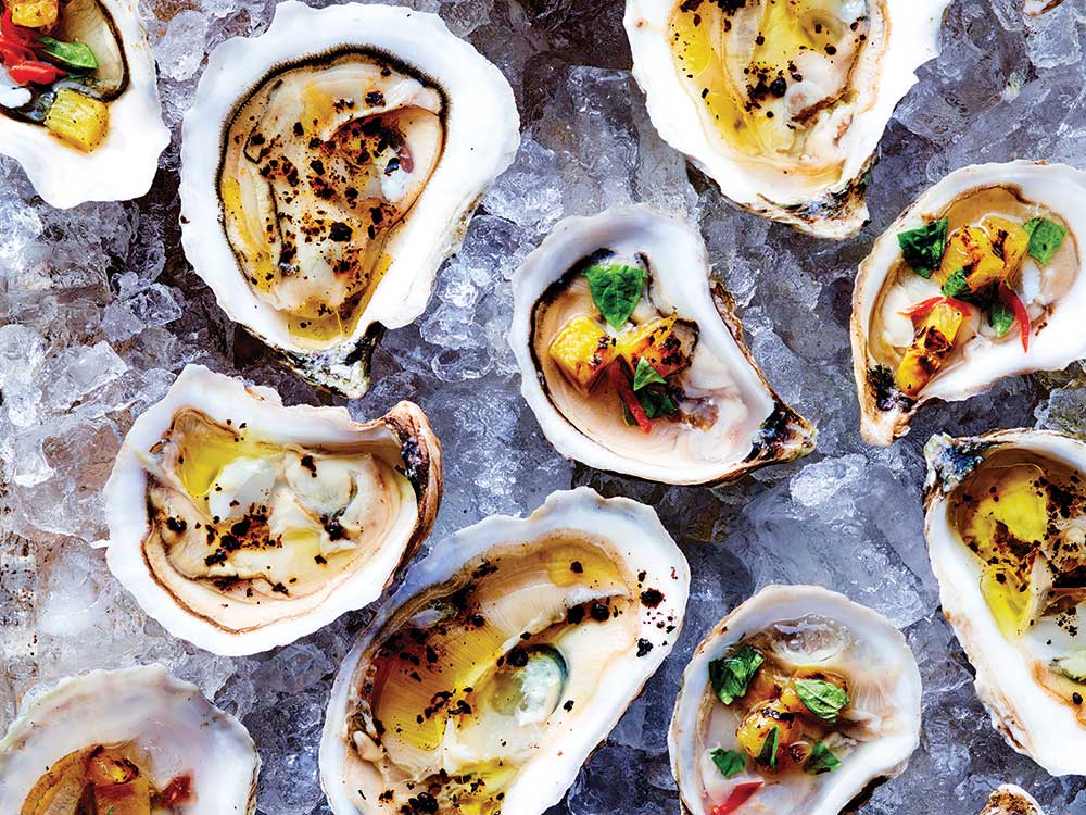 Raw Oysters with Grilled Pineapple and Thai Basil