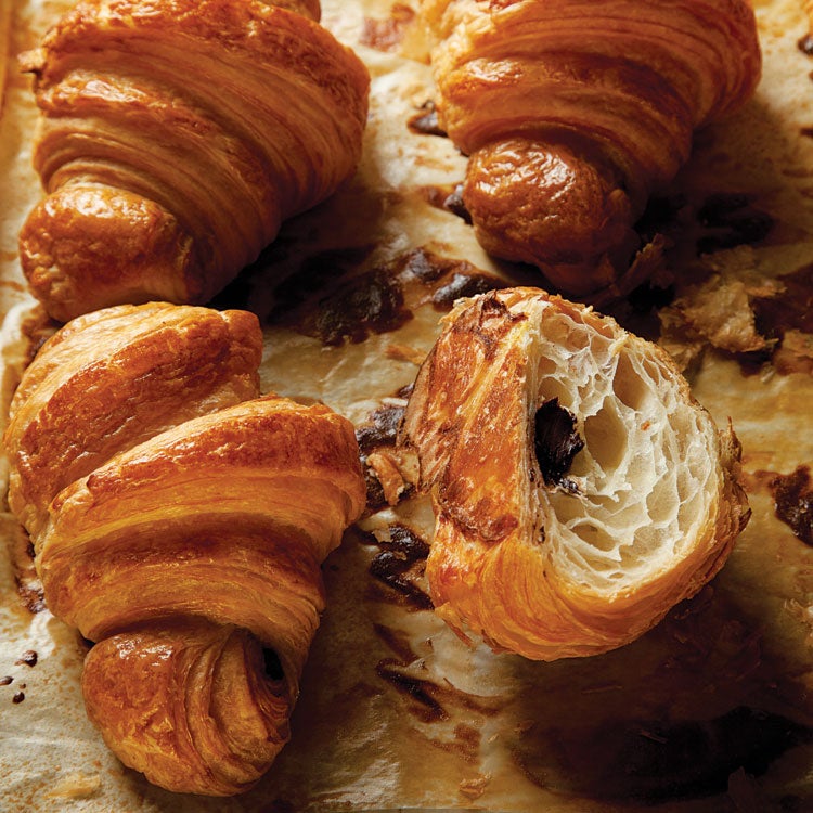 Flaky croissants filled with dark chocolate