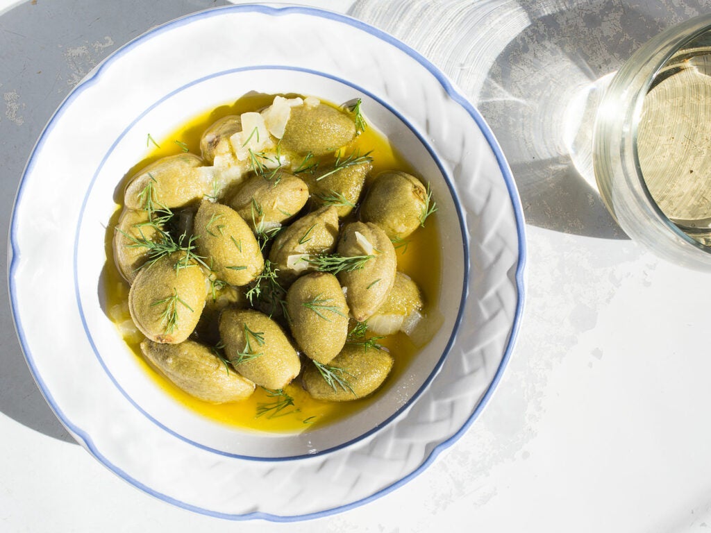 Olive Oil-Poached Green Almonds with Dill