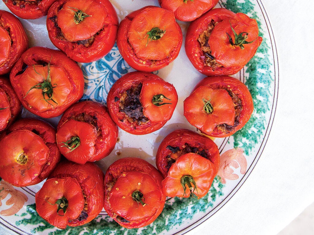 Tomatoes Stuffed with Foie Gras, Duck Confit, and Chanterelles