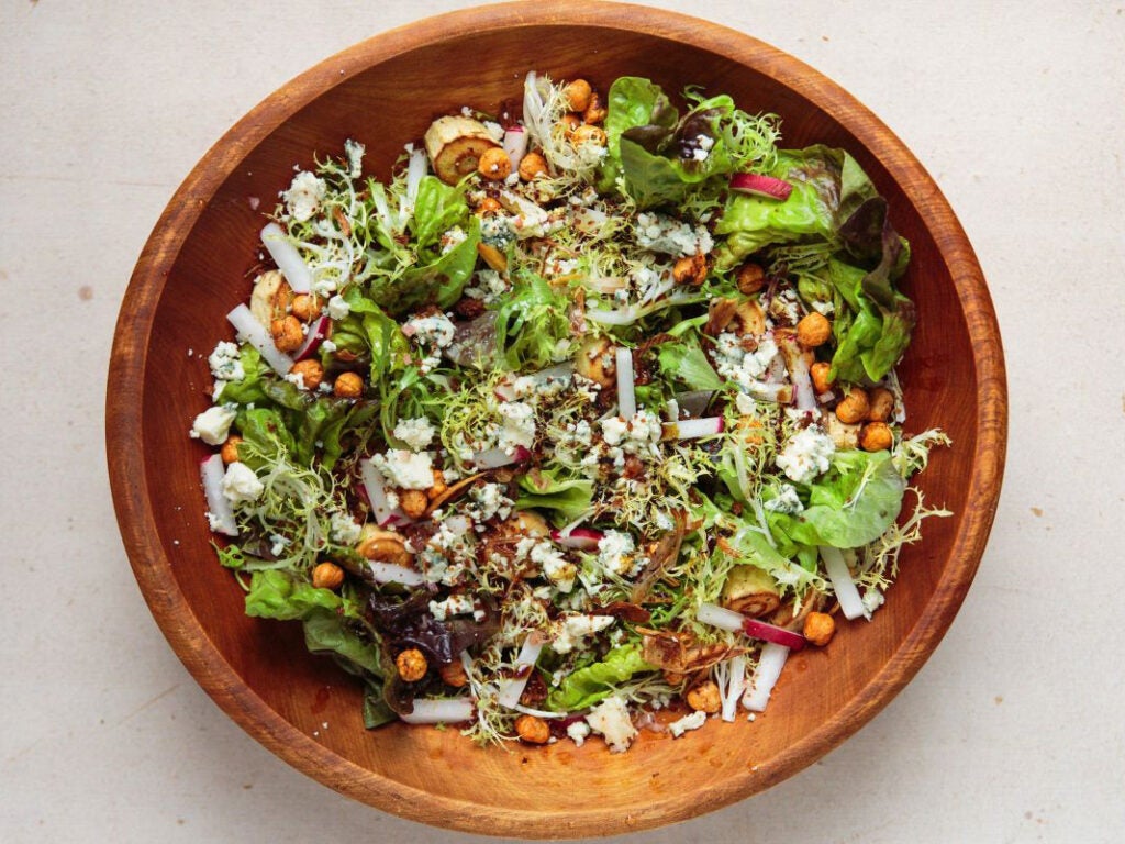 Roasted Parsnip Salad with Hazelnuts, Blue Cheese, and Wheat Beer Vinaigrette