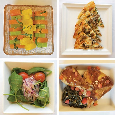Compressed melon and pineapple with orange-infused honey; sausage and olive pizza; chicken masala with braised kale; spinach salad