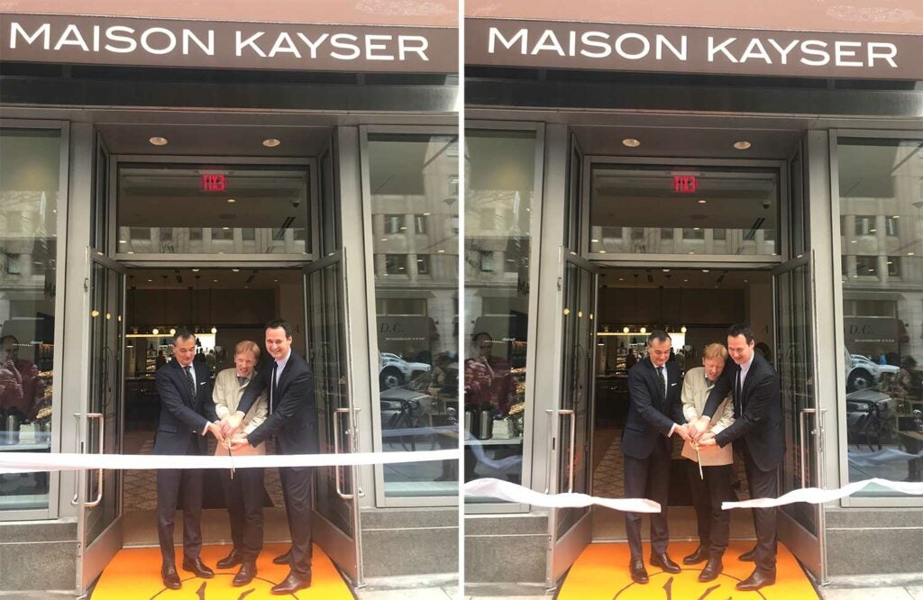 Louis-Jean Egasse, Eric Kayser, and Ambassador Gérard Araud cut the ribbon at the first Maison Kayser in D.C.