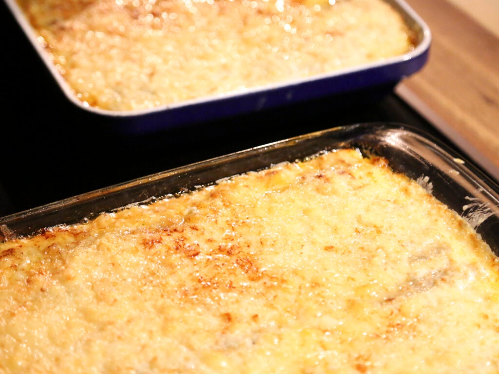 Fresh out of the oven: piping hot canelones de carne, meat-filled pasta rolls with béchamel sauce and Manchego cheese.