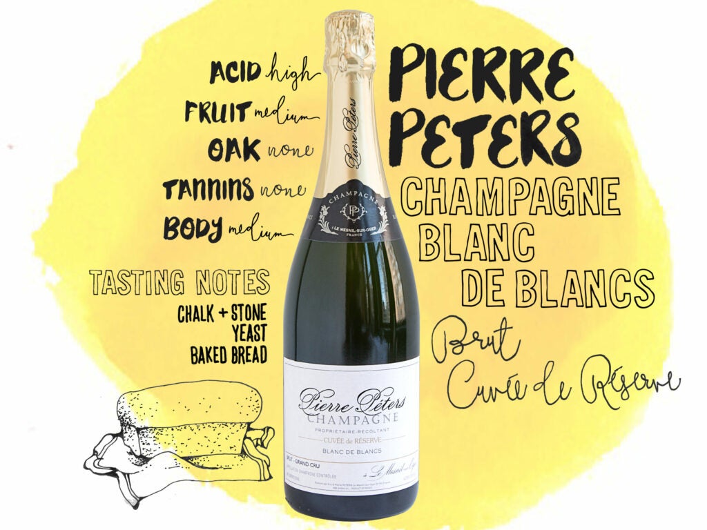 Pierre Peters Champagne, Blanc de Blancs, Brut, Cuvee de Reserve, Le Mesnil-Sur-Oger, France, wine illustrations