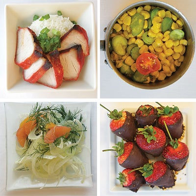 pork loin; summer succotash; chocolate-covered strawberries; fennel salad with grapefruit and orange segments
