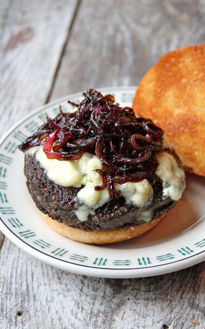 Portobello Burgers with Blue Cheese and Sauteed Red Onions