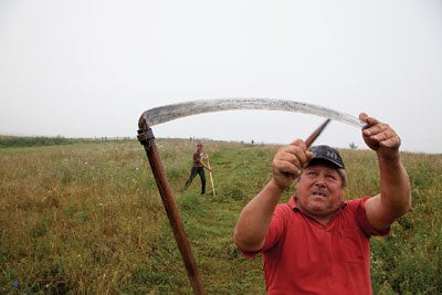 A farmer sharpening his scythe in a field outside of Miklosvar