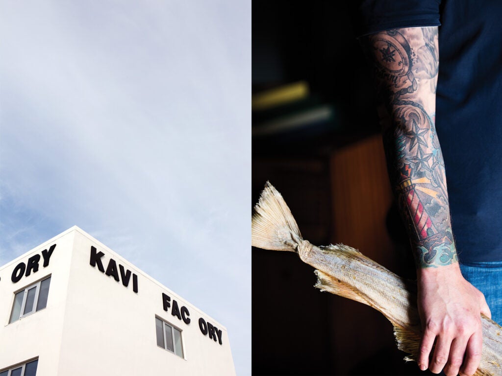 Left: Created by collector Venke Hoff, Kaviar Factory is an international contemporary art gallery built in an old cod-roe-processing plant on Henningsvær's coast. The sign is original. | Right: Lighthouse tattoo and Lofoten's hallowed stockfish: Chef Johan Petrini has devoted himself to the region's rhythms and tastes.