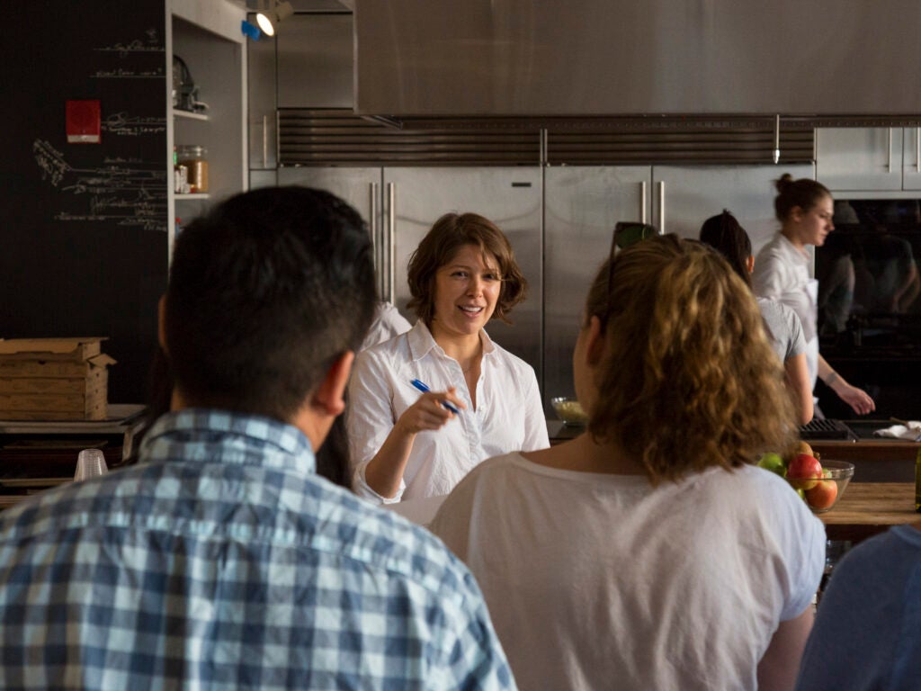 Test Kitchen Associate Director Kristy Mucci leads a recipe testing session with the bloggers