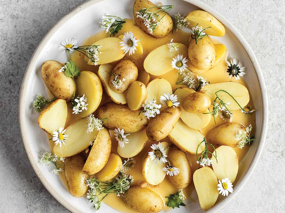 Chamomile-Pickled  New Potatoes with Beurre Blanc and Flowers