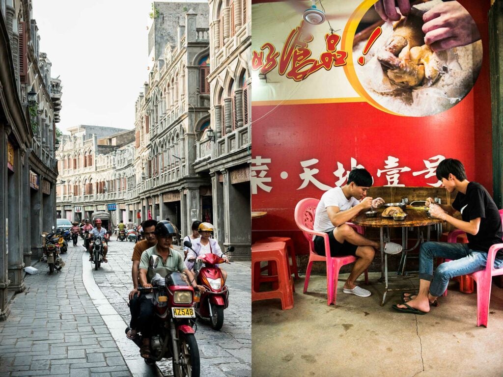 Left: Old Wennan Street. | Right: Ji Ying Salt Baked Chicken restaurant.