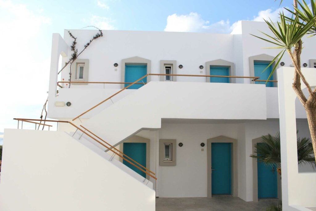 The outside of the Ammos Hotel looks typically Greek, but just wait until you get inside.
