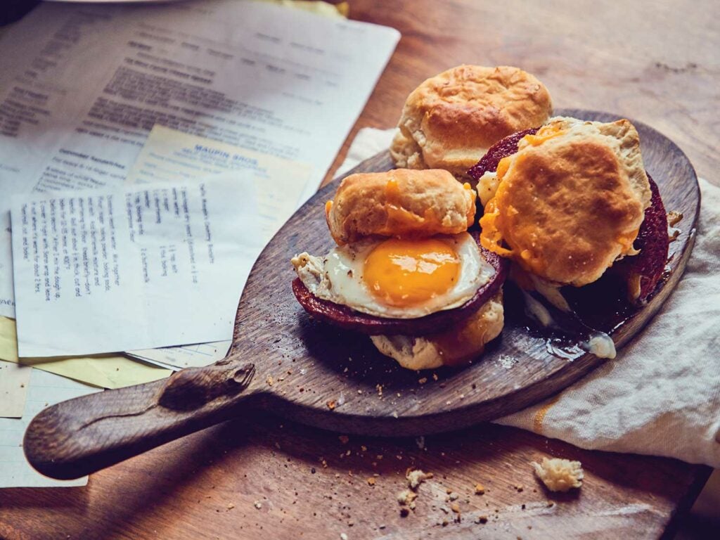 Seared Bologna, Egg, and Cheese Biscuit Sandwiches with Sweet Mustard