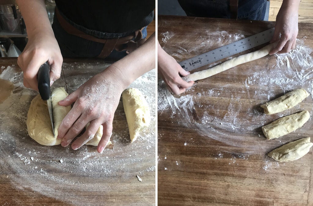 cutting and shaping easter bread dough