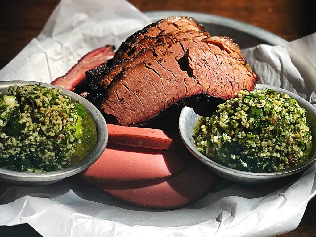 Smoked bologna is served alongside brisket and tabbouleh at Albert G’s.