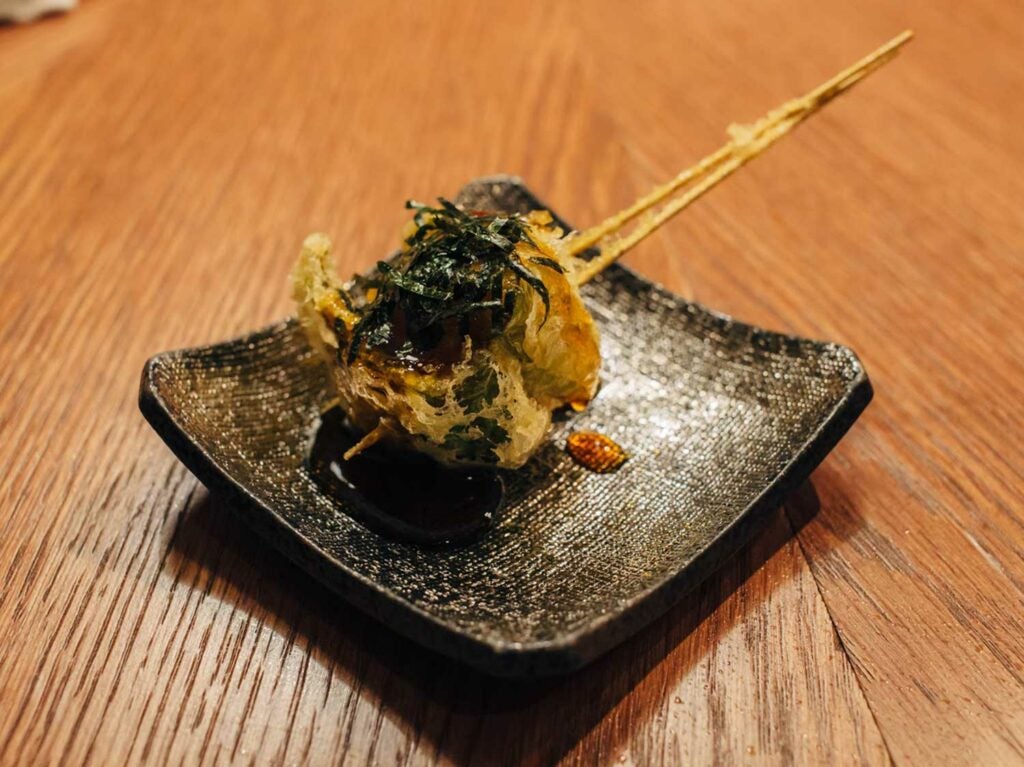 Kikuya's chicken meatball and green pepper tempura