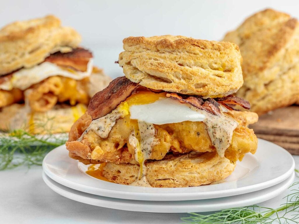 Perfectly crisp chicken, fried with a ranch-seasoned batter, tucked between pillowy biscuits.