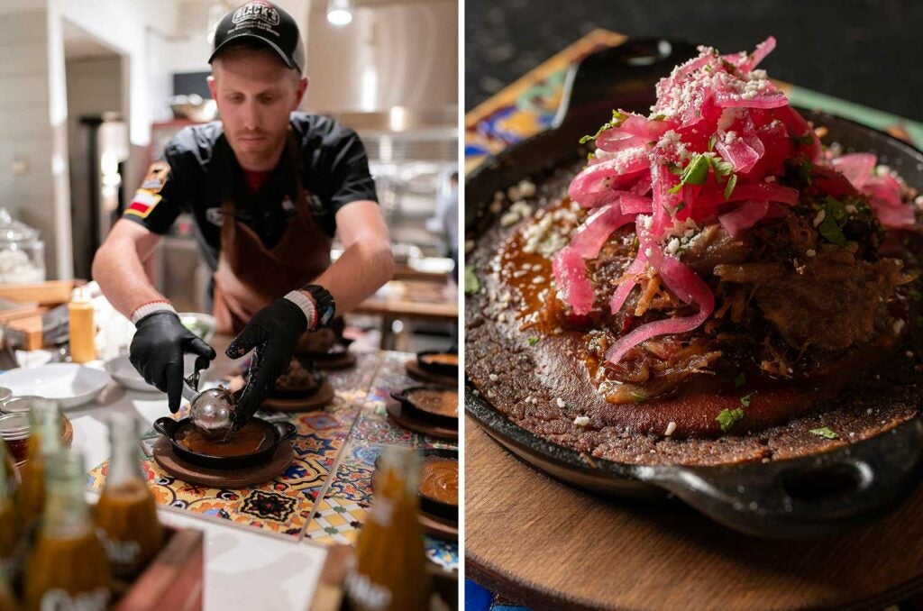 Chef Black’s smoked lamb and blue-corn masa cake, accompanied by Mexican coke mole sauce in an actual glass Coca-Cola bottle.