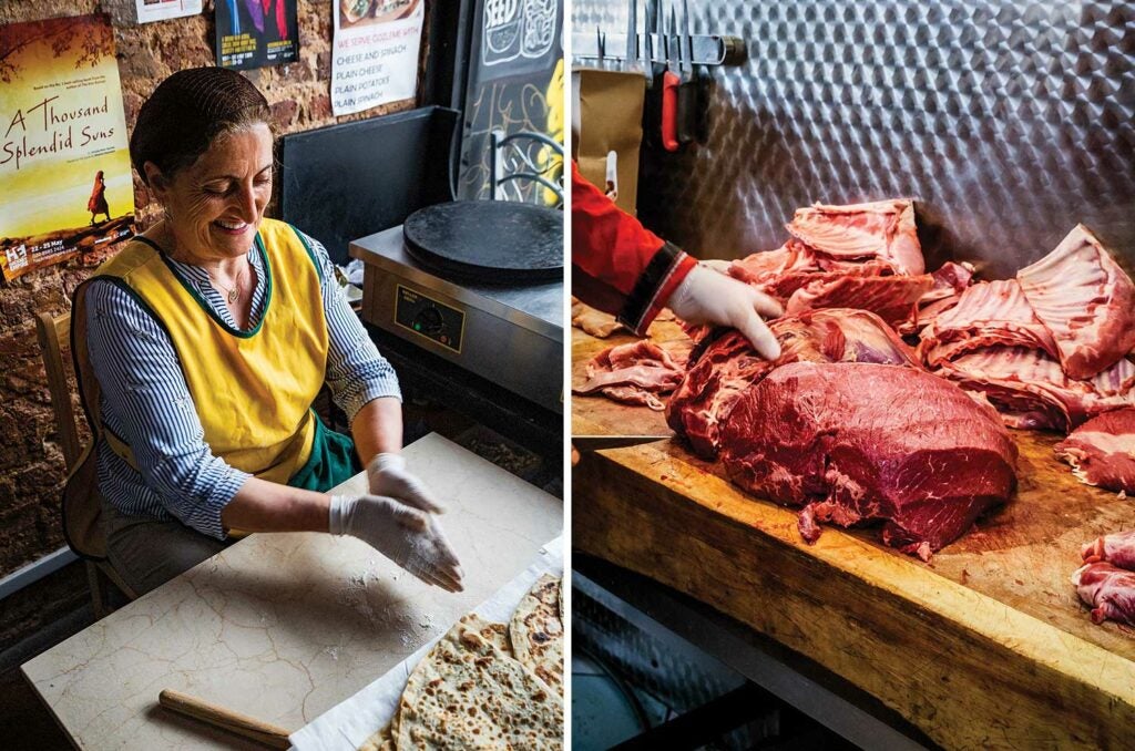 Flatbreads being and a butcher cutting meat in Hackney.
