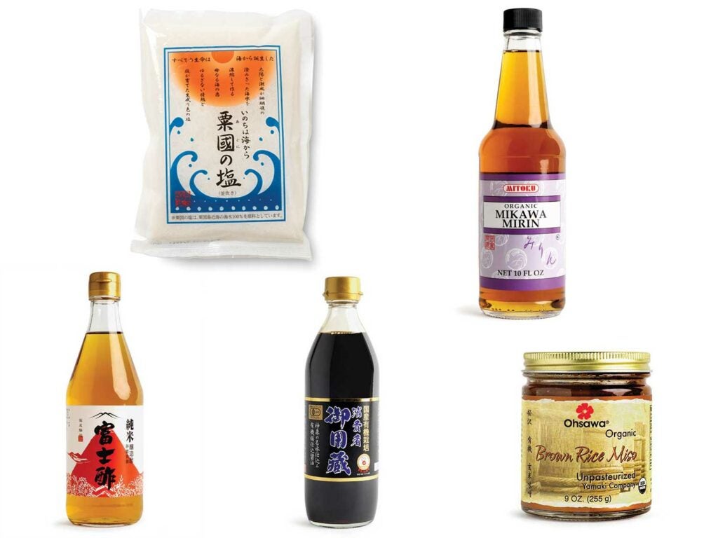 Aguni-jima Salt; Mitoku Mikawa Mirin;  Iio Jozo Rice Vinegar;  Yamaki Jozo Organic Soy Sauce; Ohsawa Yamaki Organic Brown Rice Miso.