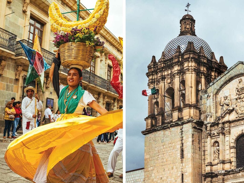 Parades in Oaxaca and the Church of Santo Domingo de Guzmán in Oaxaca de Juárez.