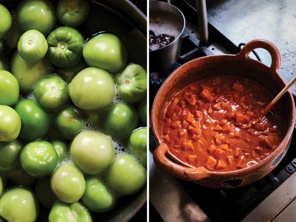 Tomatillos destined
for green salsa; a ceramic pot of mole.