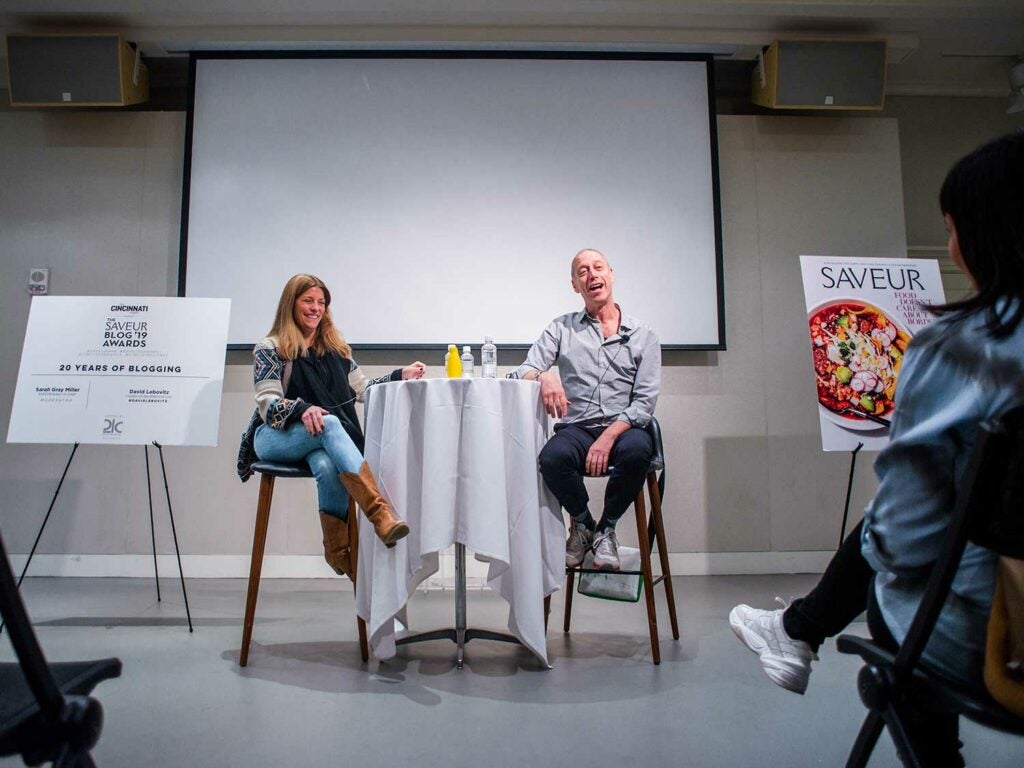 At Hotel 21c, editor-in-chief Sarah Gray Miller (left) hosted a discussion on twenty years of food blogging with pastry chef, cookbook author, teacher, and Paris food expert David Lebovitz, who was awarded SAVEUR Blog of the Decade.