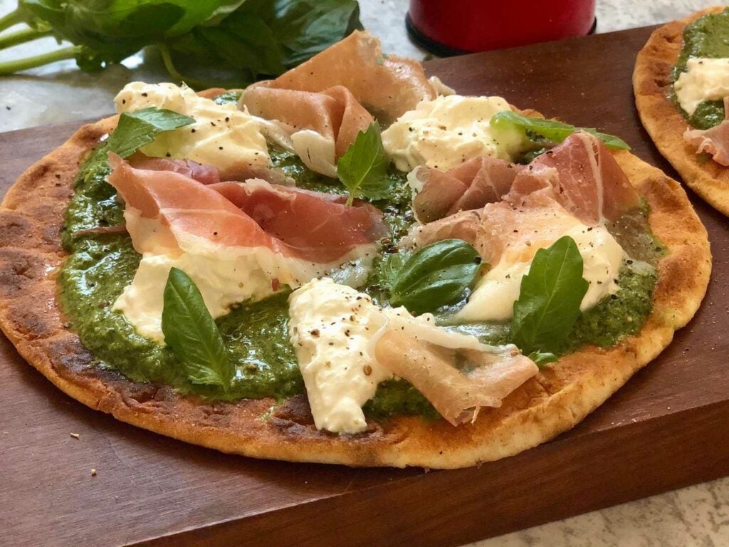 Pesto Pizza with Prosciutto di San Daniele and Burrata
