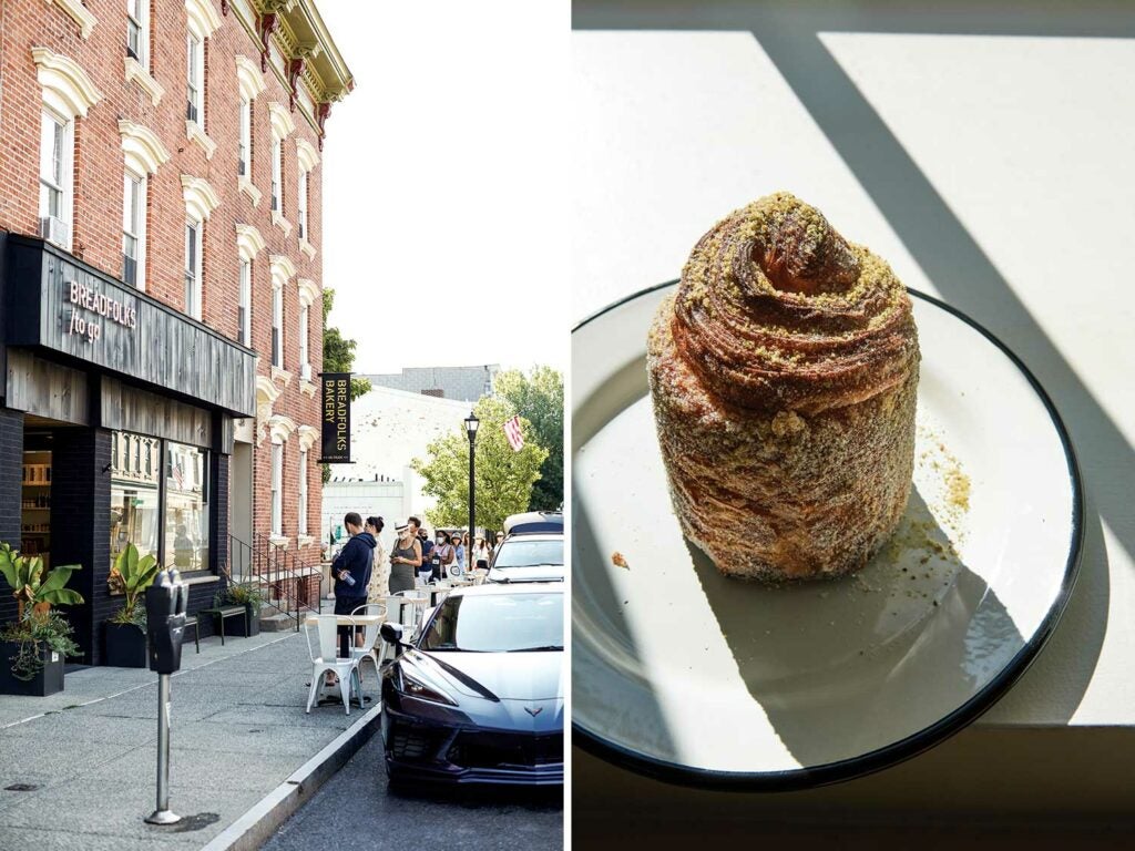 A line forms outside Breadfolks every Saturday morning; the exquisite “baklava cruffin,” dusted with pistachio.